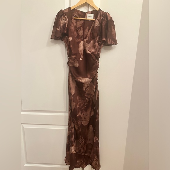 NEW Reformation Vida Long Satin Dress in Siena Brown Floral | size US 4 - Picture 9 of 14